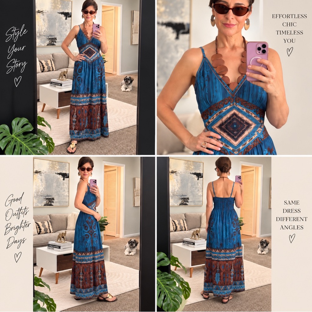 Blue & Brown Printed V-Neck Maxi Dress – Sleeveless Summer Look